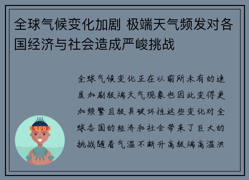 全球气候变化加剧 极端天气频发对各国经济与社会造成严峻挑战