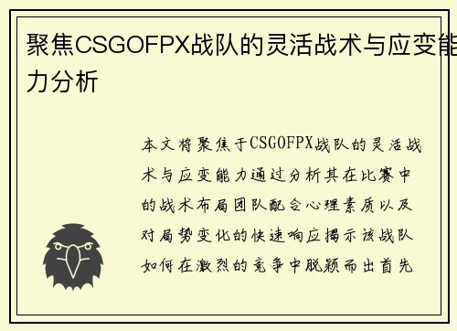 聚焦CSGOFPX战队的灵活战术与应变能力分析